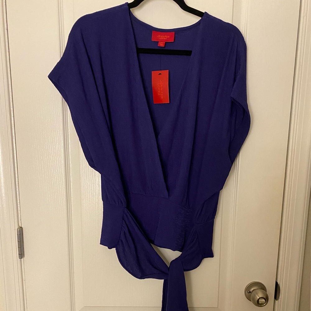Jennifer Lopez Criss Cross Tie Waist Blouse